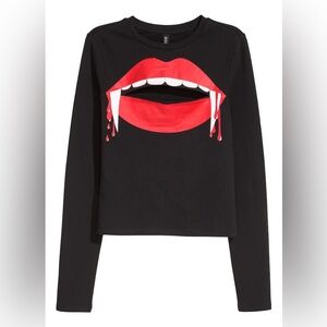 gothic vampire cleavage cut out red lip long sleeve stretchy halloween shirt